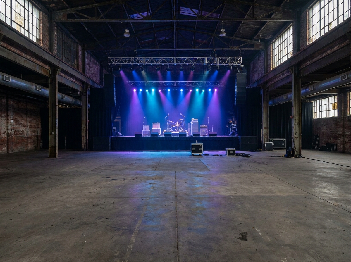 An empty stage at a warehouse music venue in Bristol, lit for a concert.