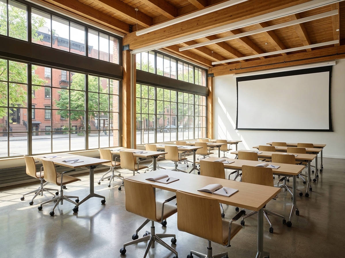 An empty, modern workshop space in Bristol prepared for a class.