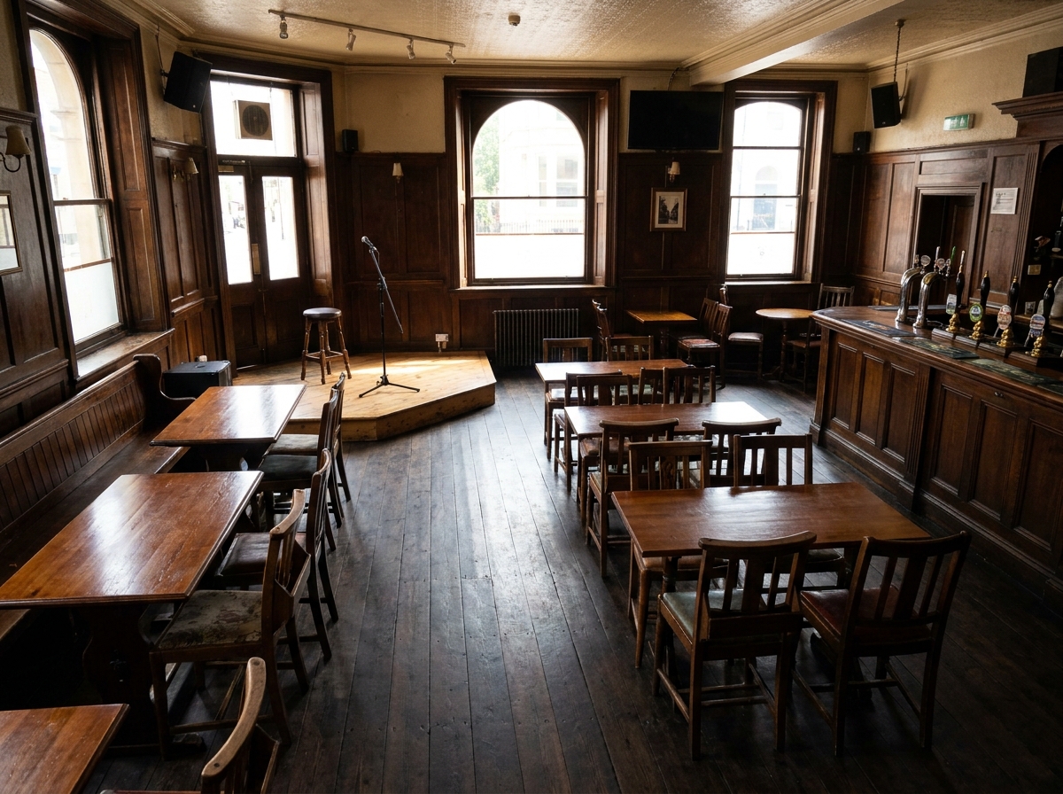 The empty interior of a Bristol pub, set up for a comedy night.