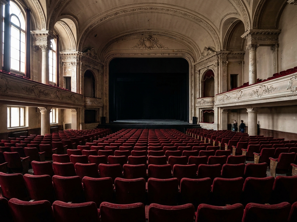 An empty, historic theatre auditorium in Bristol before a show.