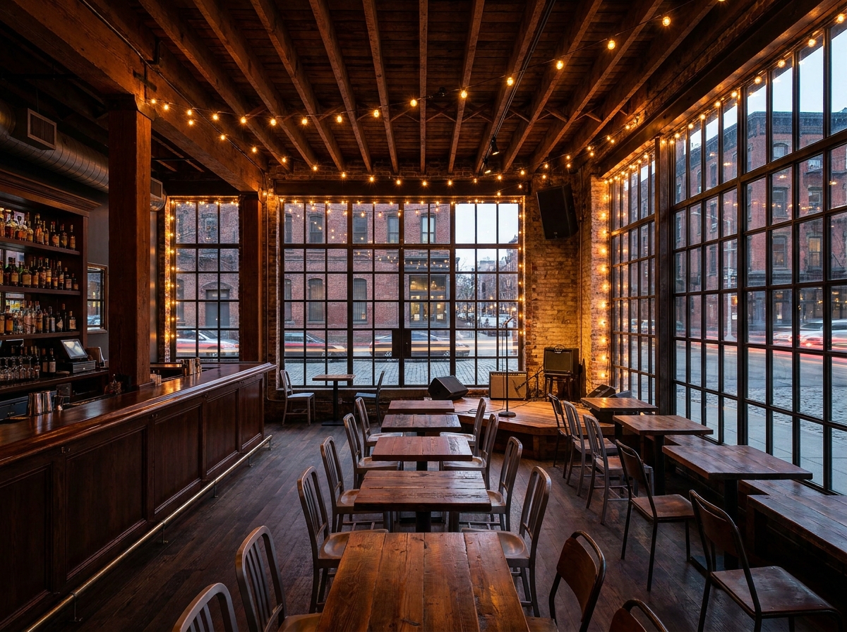 Interior of a Brooklyn bar prepared for a comedy night performance.