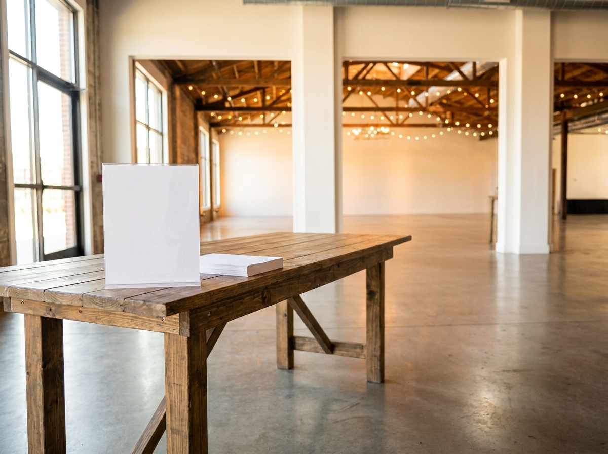 An empty check-in table at the entrance to a comedy show venue.