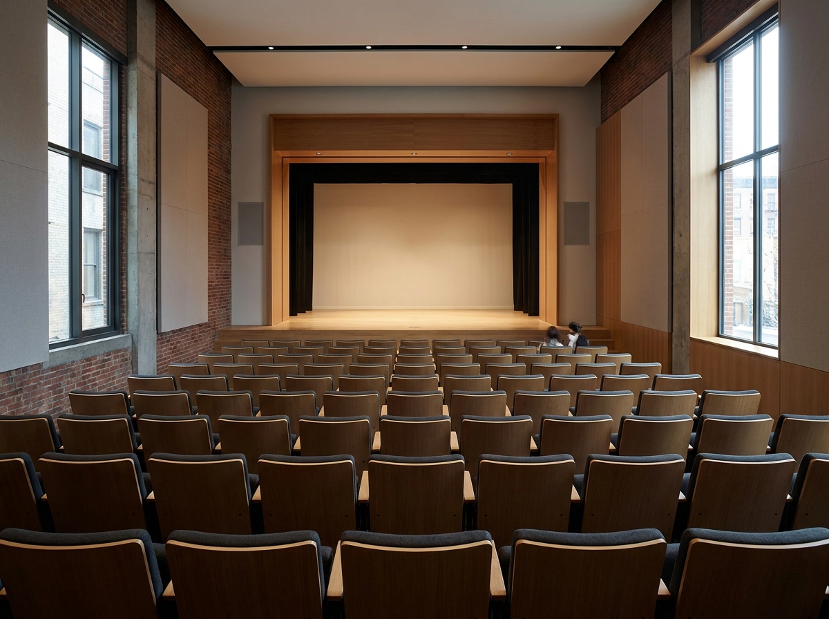 View of a stage from the back of an empty theater in Brooklyn.