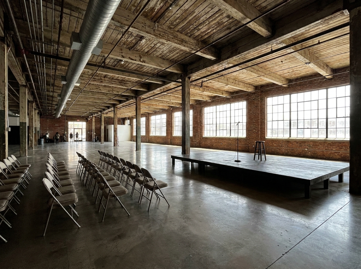 An empty warehouse performance space in Brooklyn set up for a show.