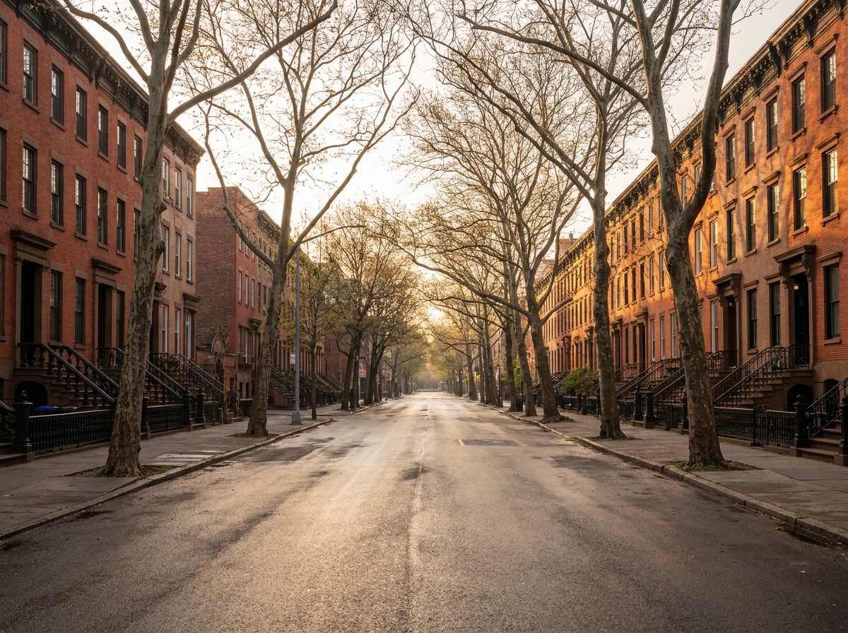A quiet street of Brooklyn brownstones, representing local community events.