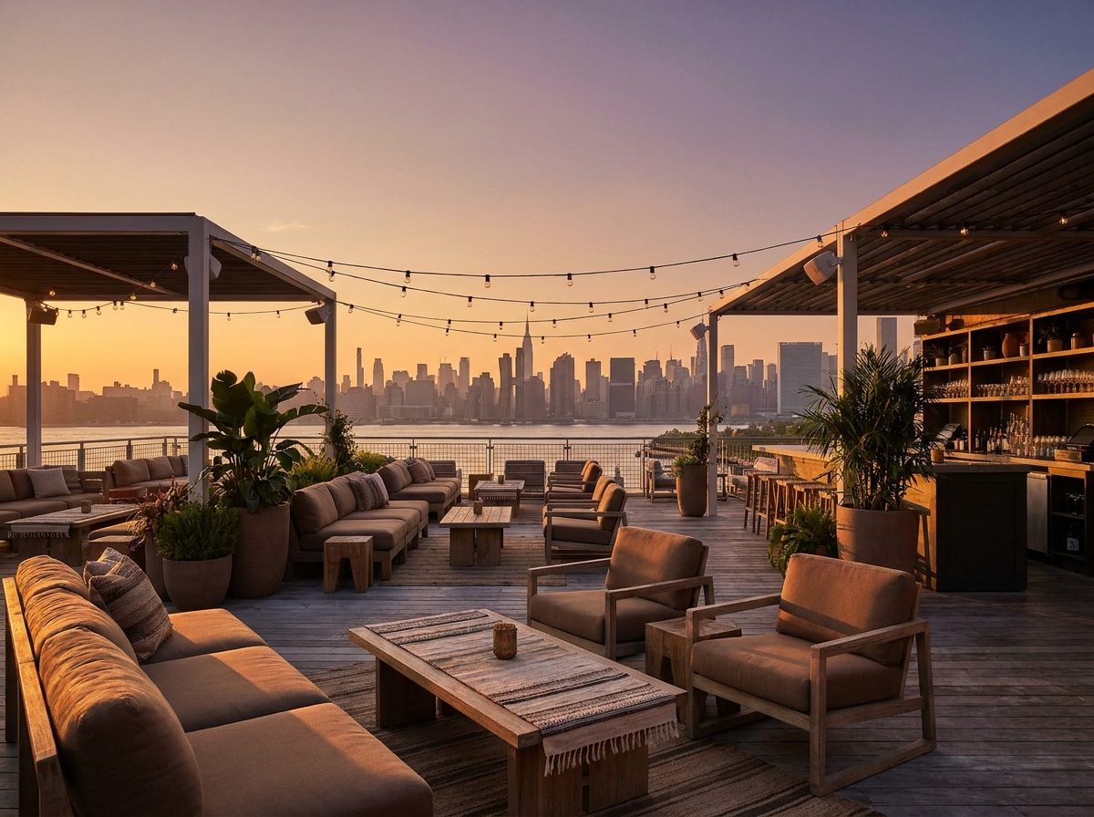 Rooftop event venue in Brooklyn with a view of the Manhattan skyline.