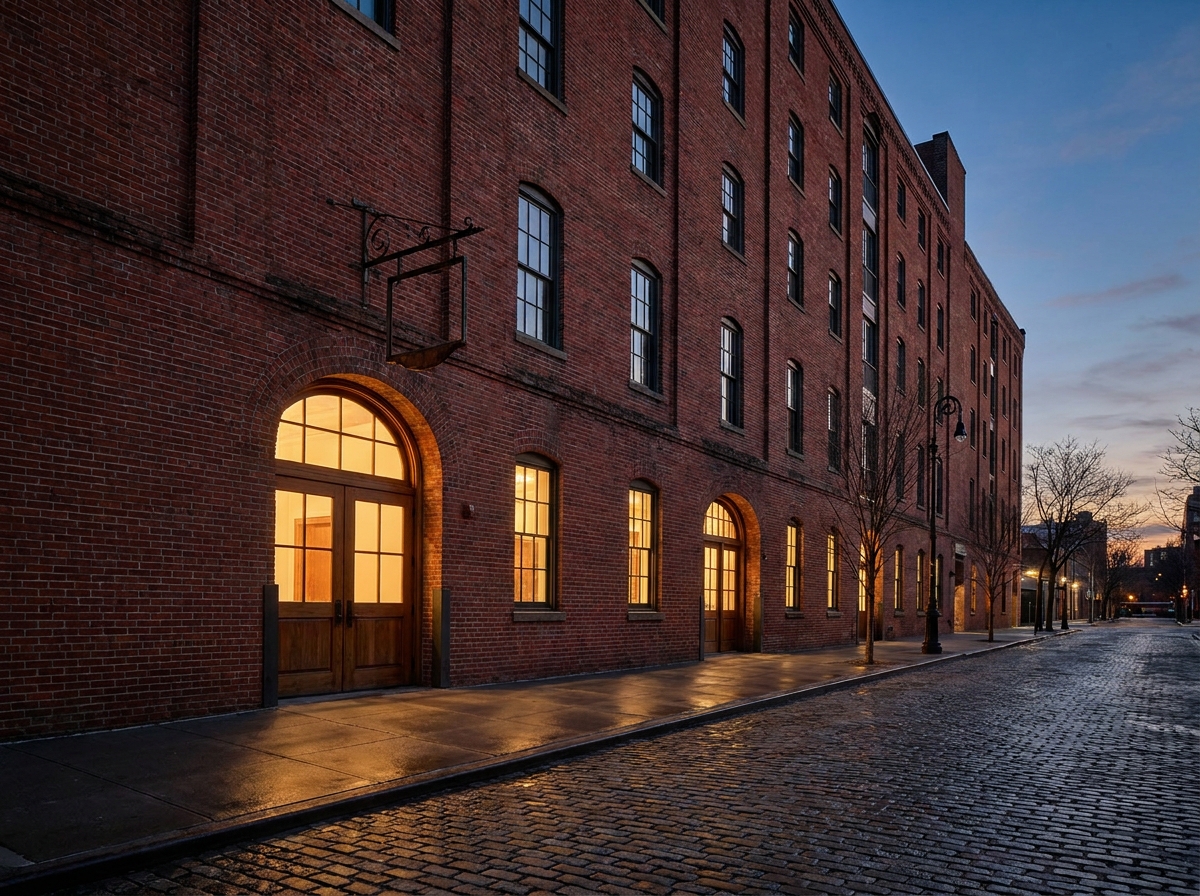 The entrance to a music and event venue in a converted Brooklyn building.