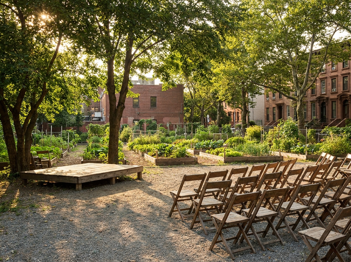 A Brooklyn community garden prepared for an outdoor performance or event.