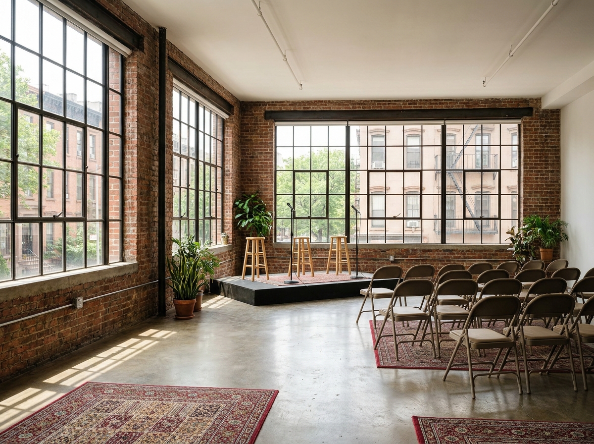An industrial loft space in Brooklyn set up for a professional panel discussion.