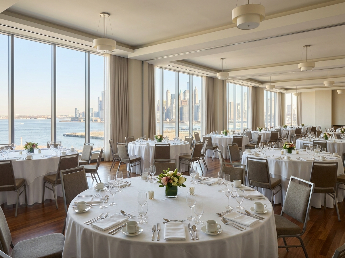 A Brooklyn hotel conference room set for a business networking breakfast.