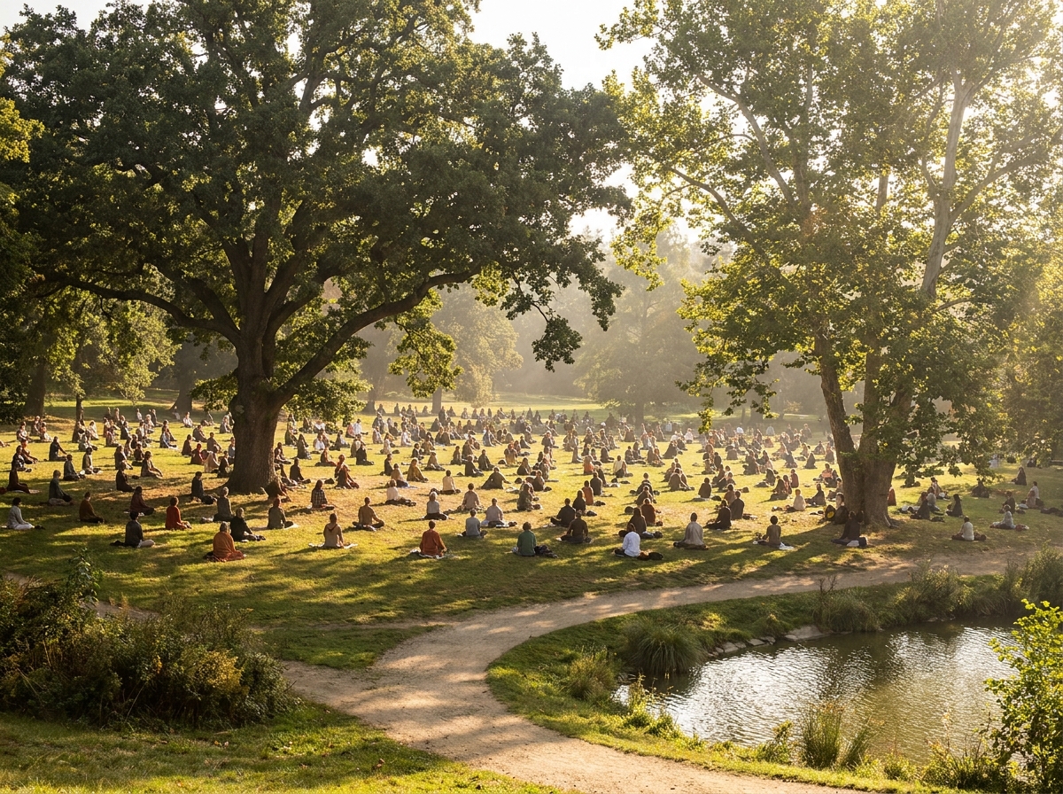 A large group practicing meditation together outdoors during a Buddhism event.