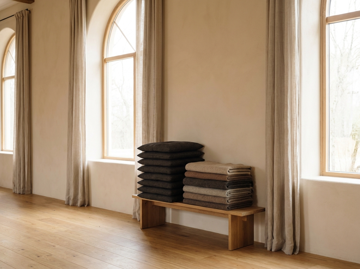 A stack of meditation cushions ready for participants at a Buddhism retreat.