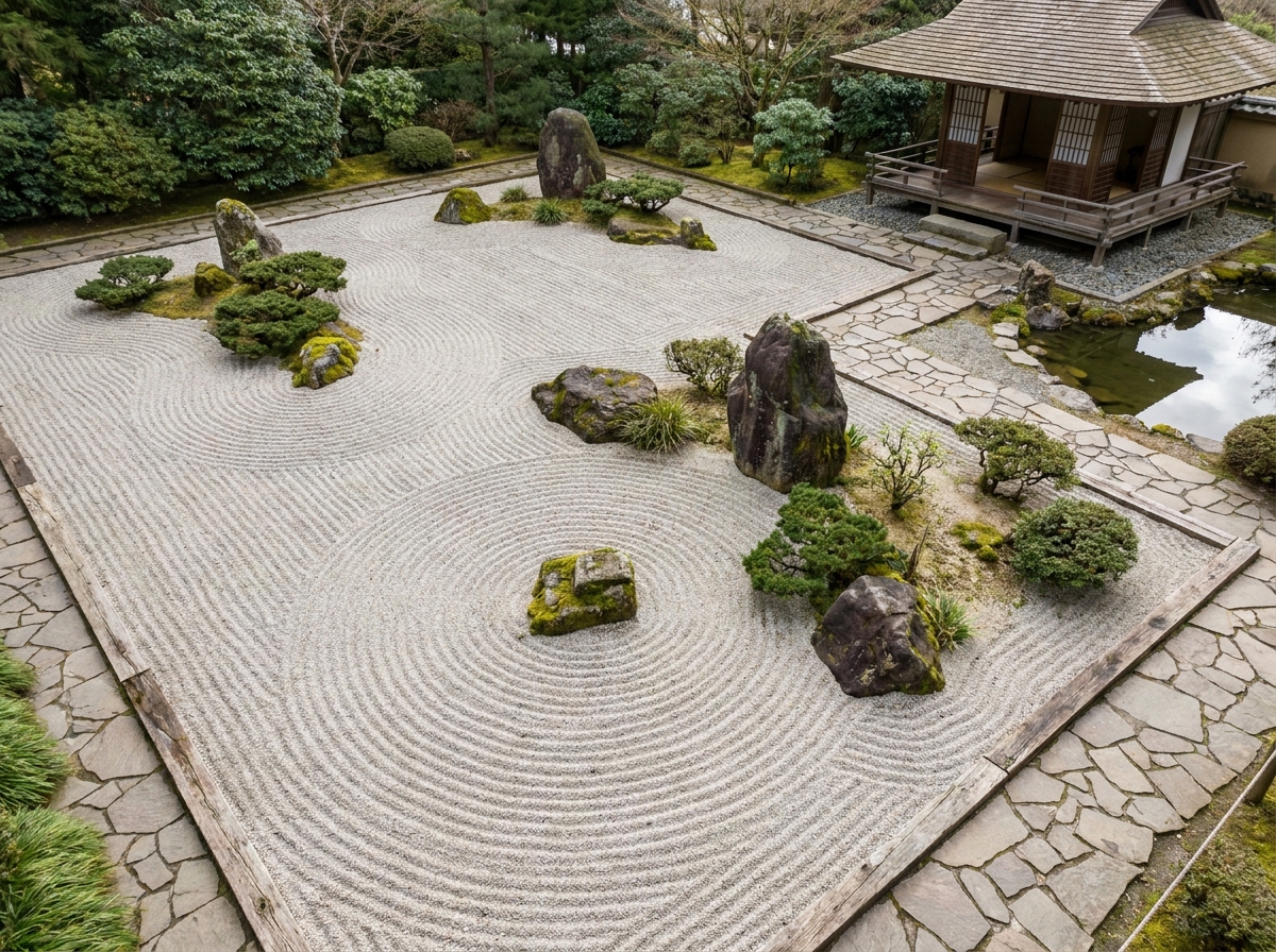 An overhead view of a serene Zen garden, a perfect space for a Buddhism event.