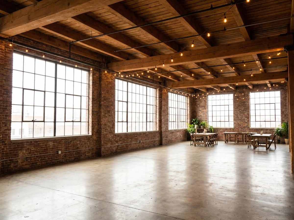 A renovated loft in Buffalo set up for a corporate or arts event.
