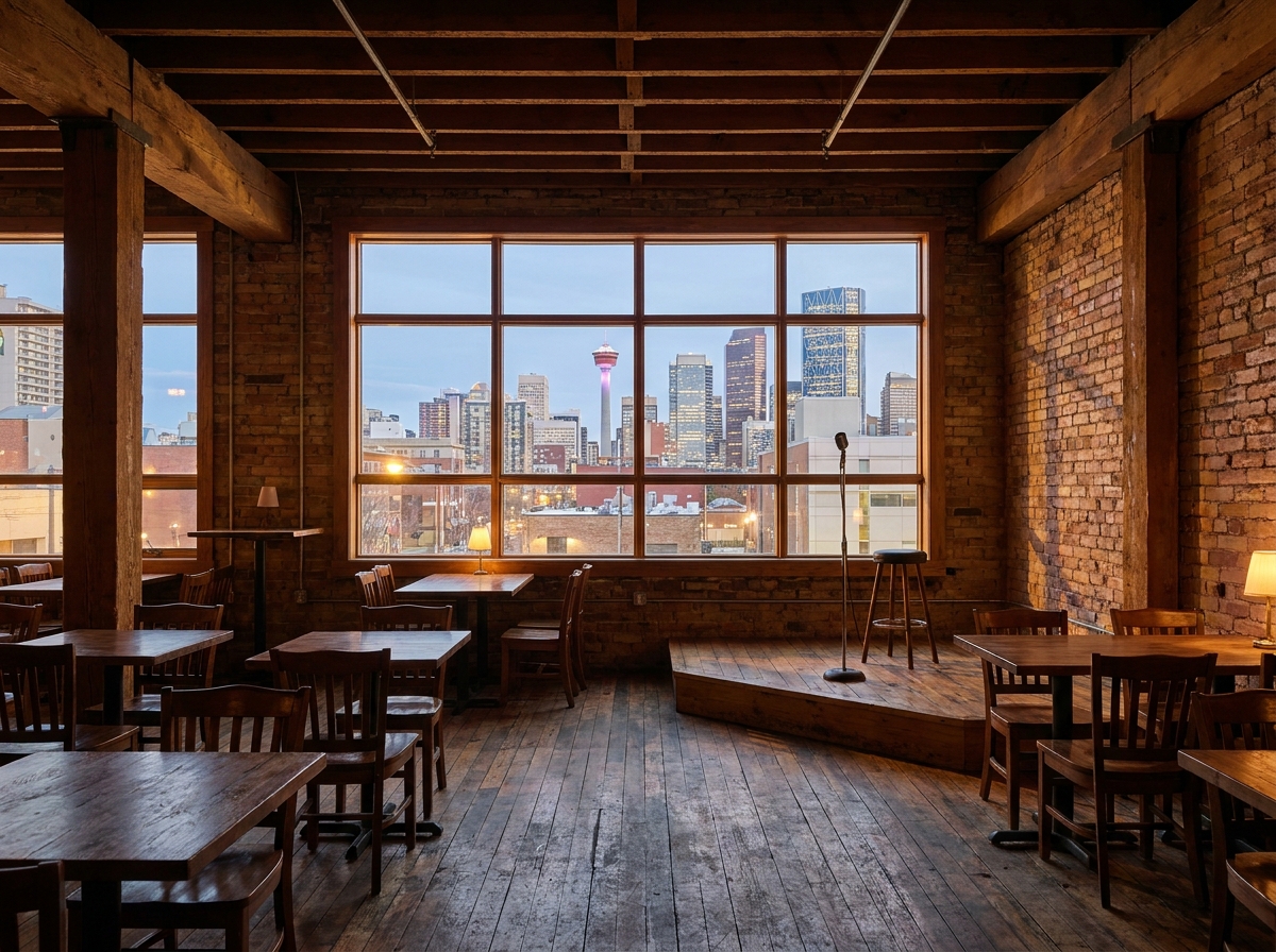The interior of a Calgary venue prepared for a comedy night.