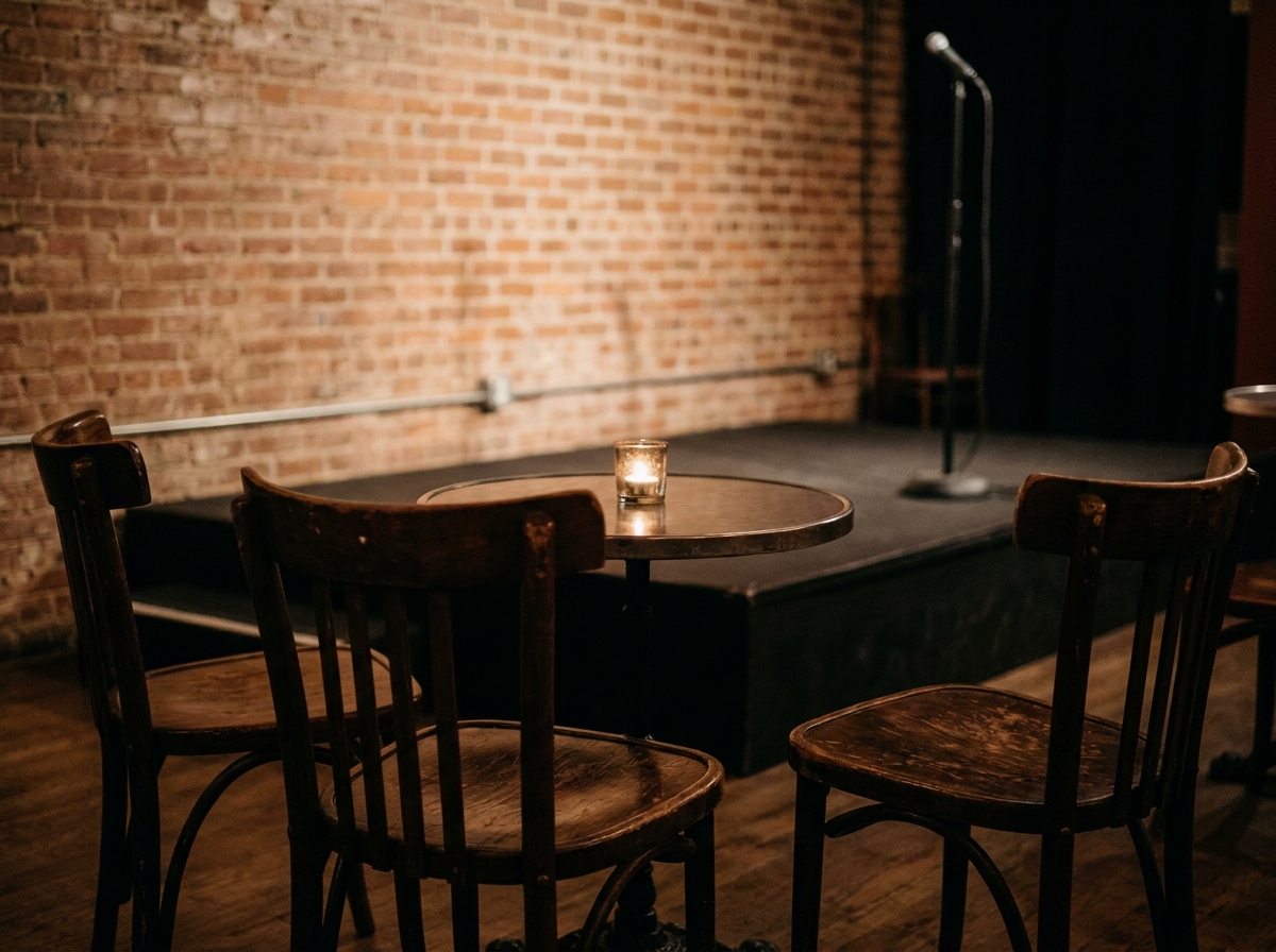 Empty table and chairs at a comedy show venue.