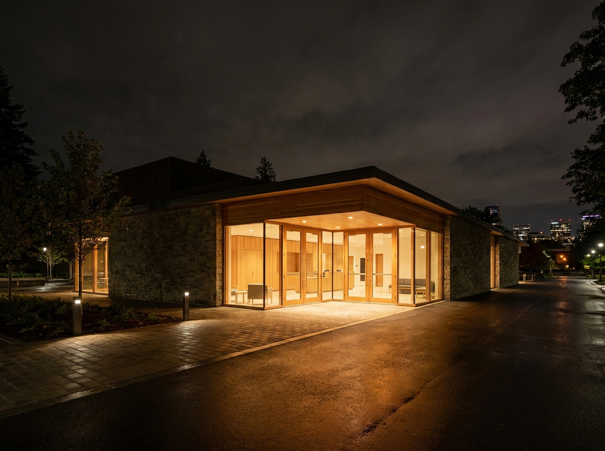 The welcoming entrance to an event venue at night.
