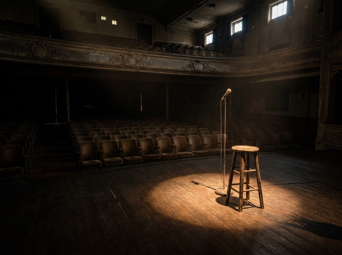An empty stage and seating in a small theatre, set for a comedy show.