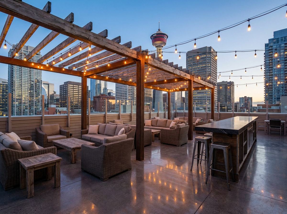 A rooftop patio in Calgary set for an evening event.