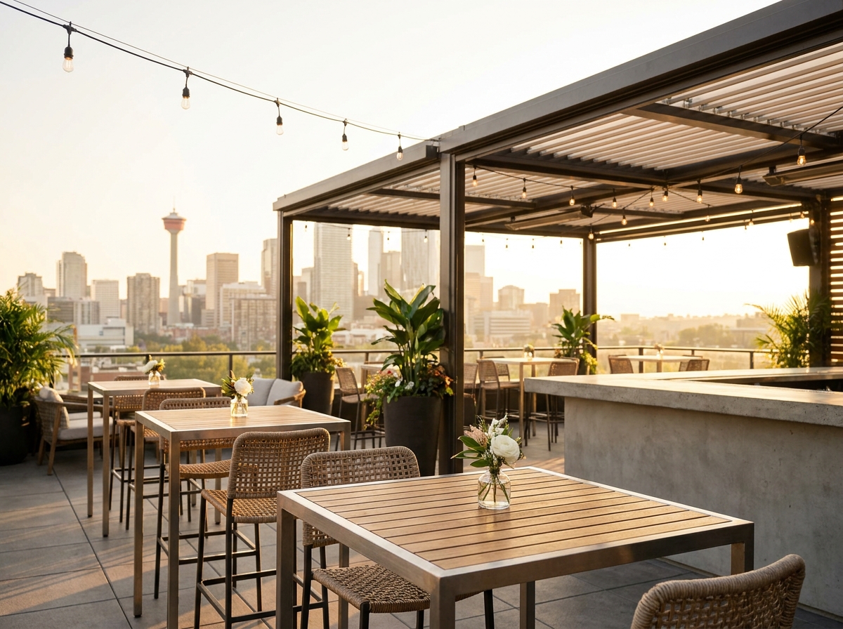 A rooftop venue prepared for a professional networking mixer in Calgary.