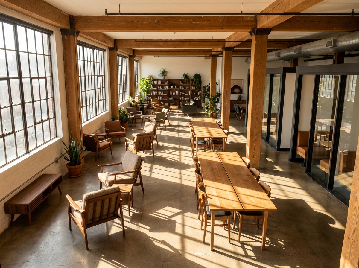 An empty, modern co-working space ideal for a networking event in Calgary.