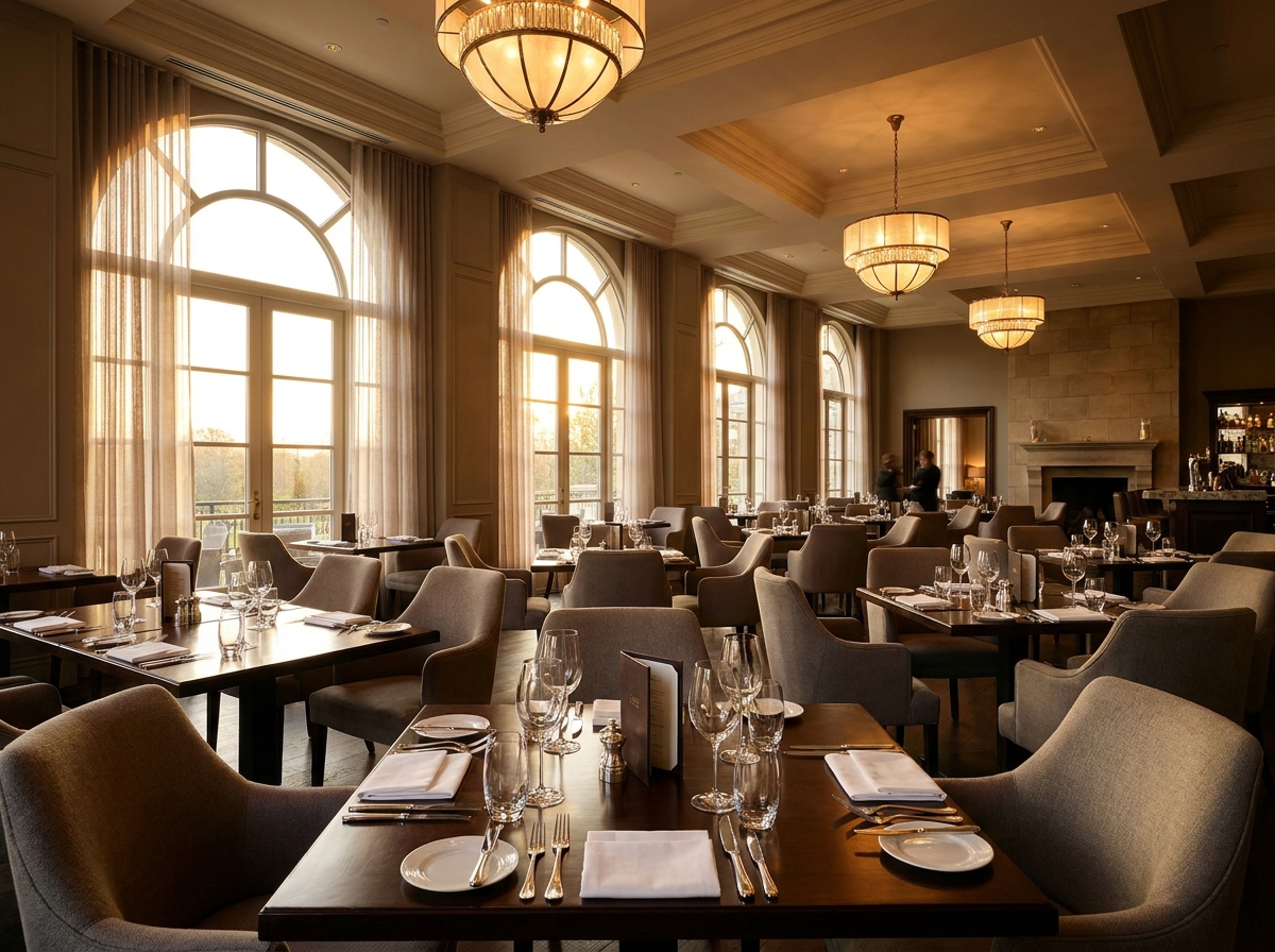 An upscale restaurant prepared for a professional networking dinner in Calgary.