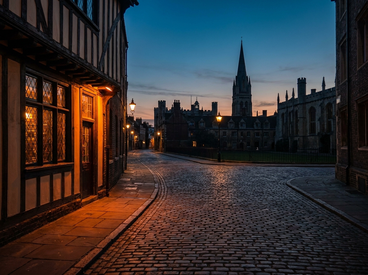 A historic Cambridge street at dusk, a common setting for local comedy night venues.