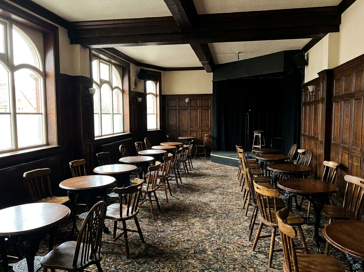 The empty function room of a Cambridge pub, set up for a comedy night.