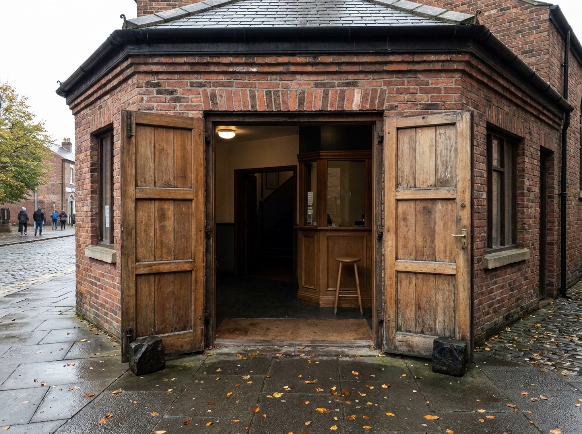 The entrance to a small theatre, a typical venue for stand-up comedy shows.