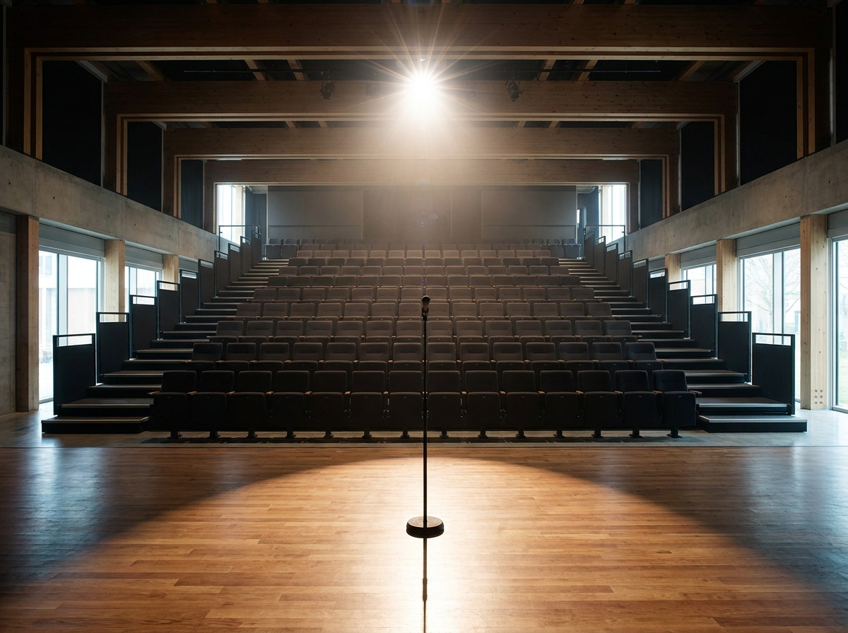 An empty theatre stage with a microphone, ready for a comedy performance in Cambridge.
