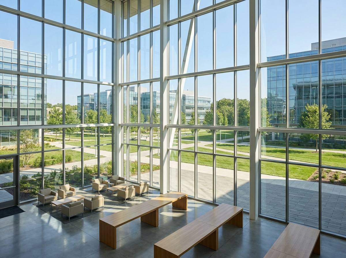An empty, modern conference space in Cambridge, ready for event attendees.