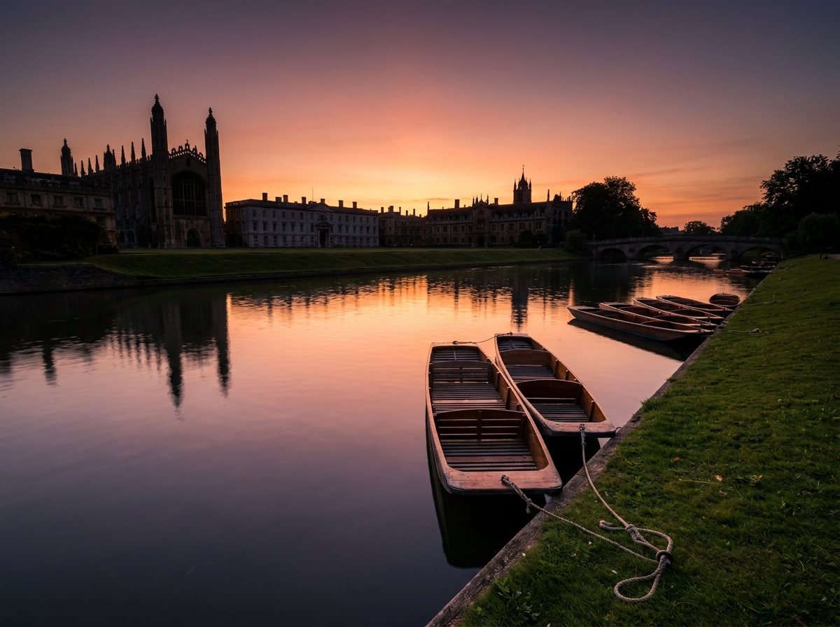 Punts on the River Cam in Cambridge at sunset, a popular setting for local events.