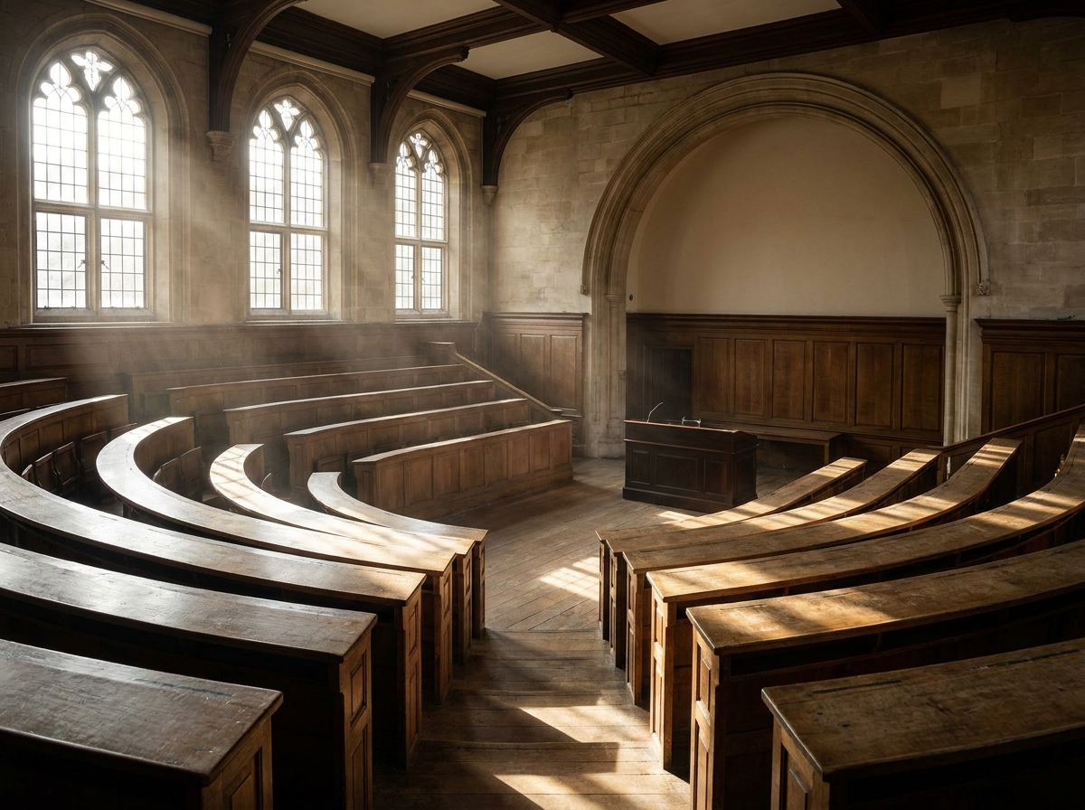 An empty lecture hall in Cambridge, suitable for an academic conference or talk.