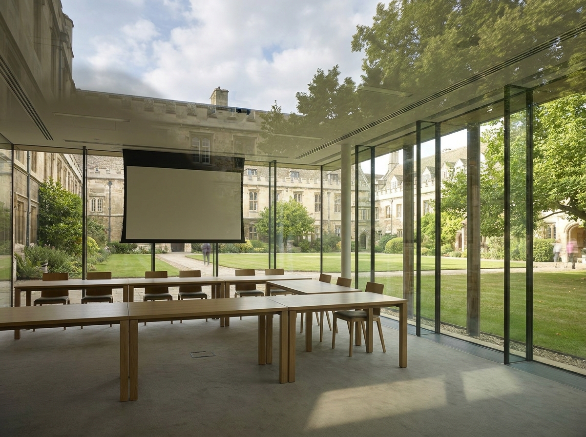 An empty, modern meeting room set up for a business event in Cambridge.