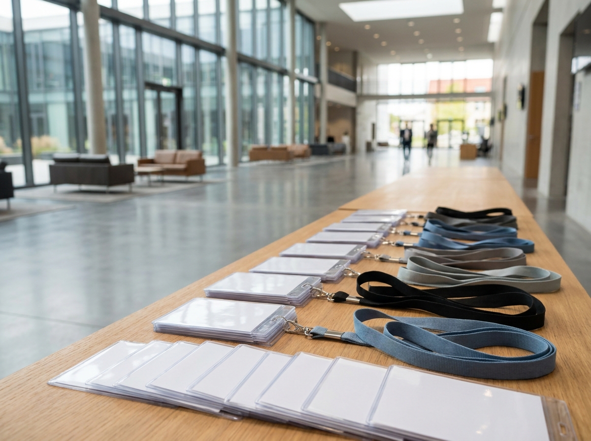 A registration desk with name tags ready for a networking event.