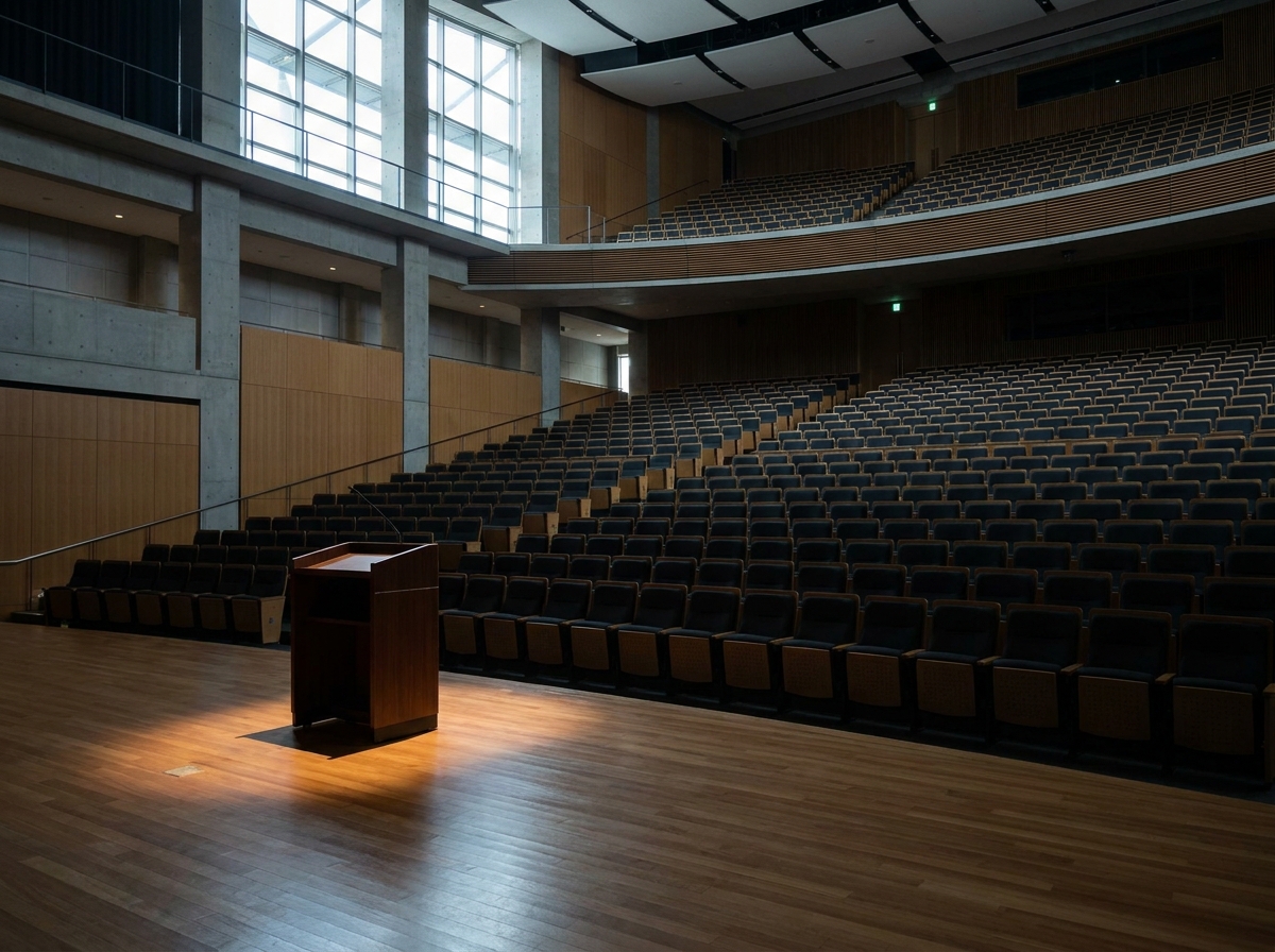 An empty stage and lectern at a professional event venue in Cambridge.