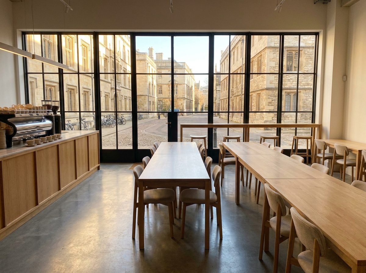 An empty cafe area in a co-working space, ideal for a Cambridge networking event.