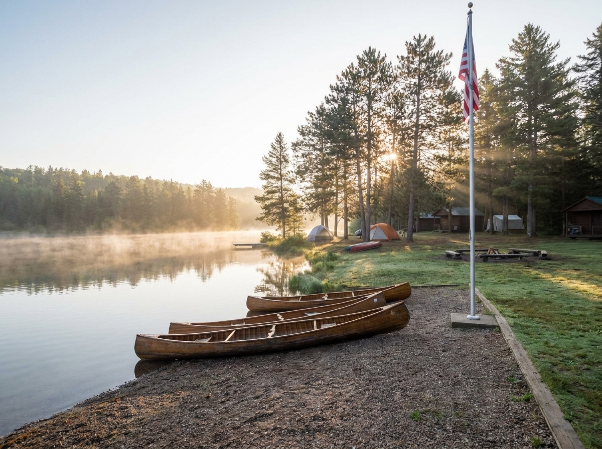 A serene lakeside camp setting at sunrise, ready for a day of activities.