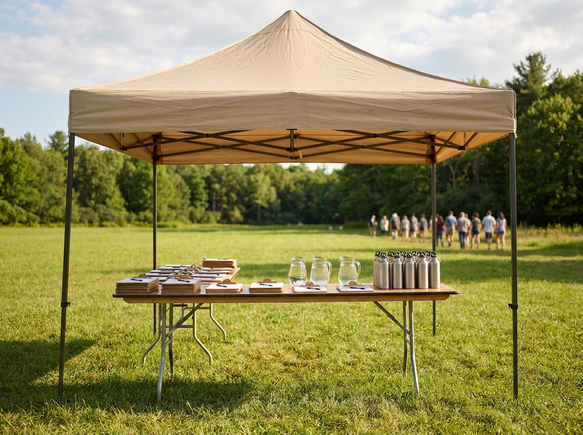 An organized outdoor check-in area for a camp event.