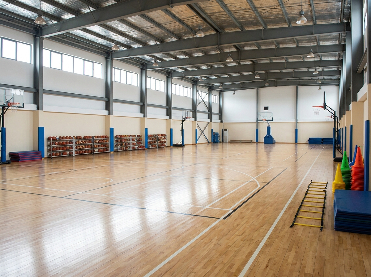 An indoor gym prepared for a sports camp.