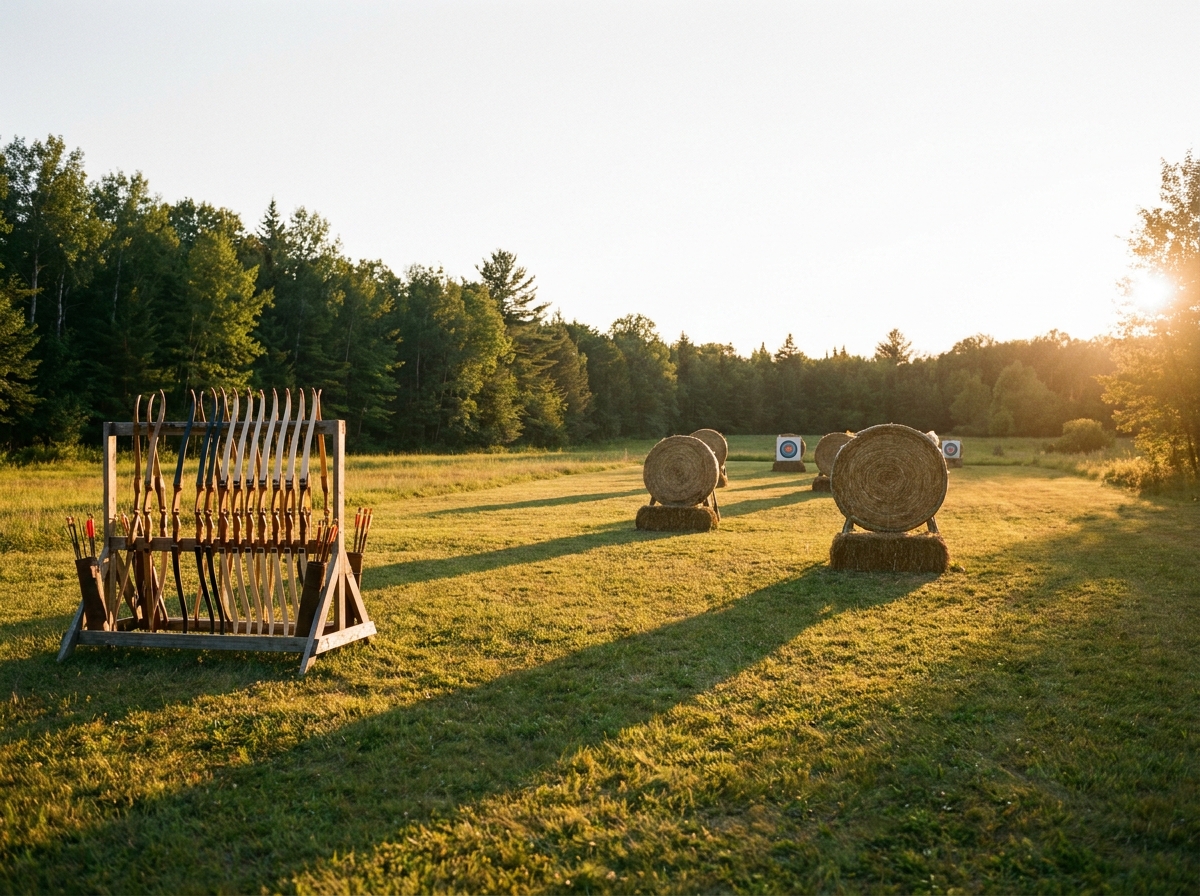 An archery range at a camp, with targets and equipment ready for use.