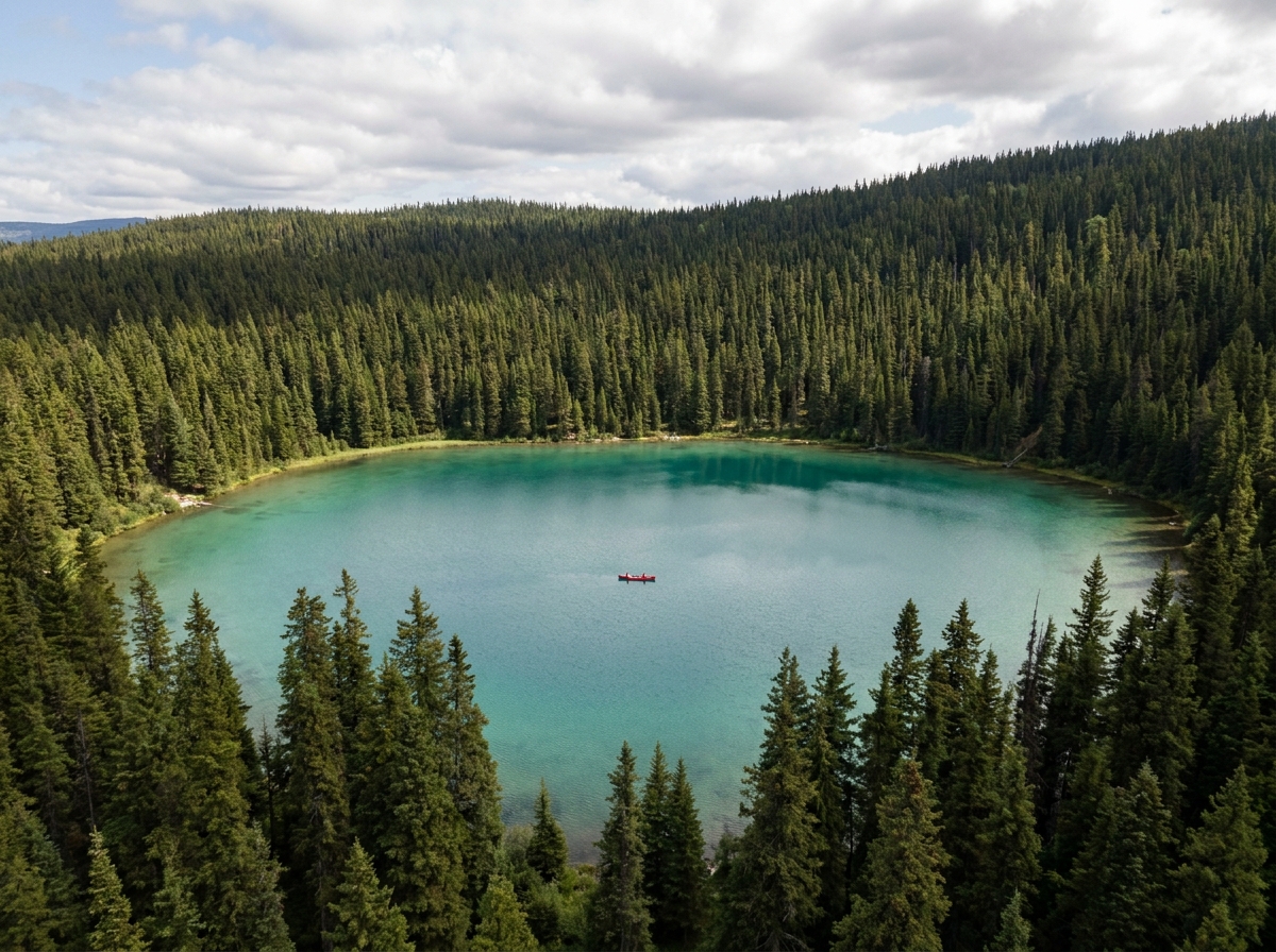 Aerial view of a red canoe on a clear lake, representing a canoeing event.