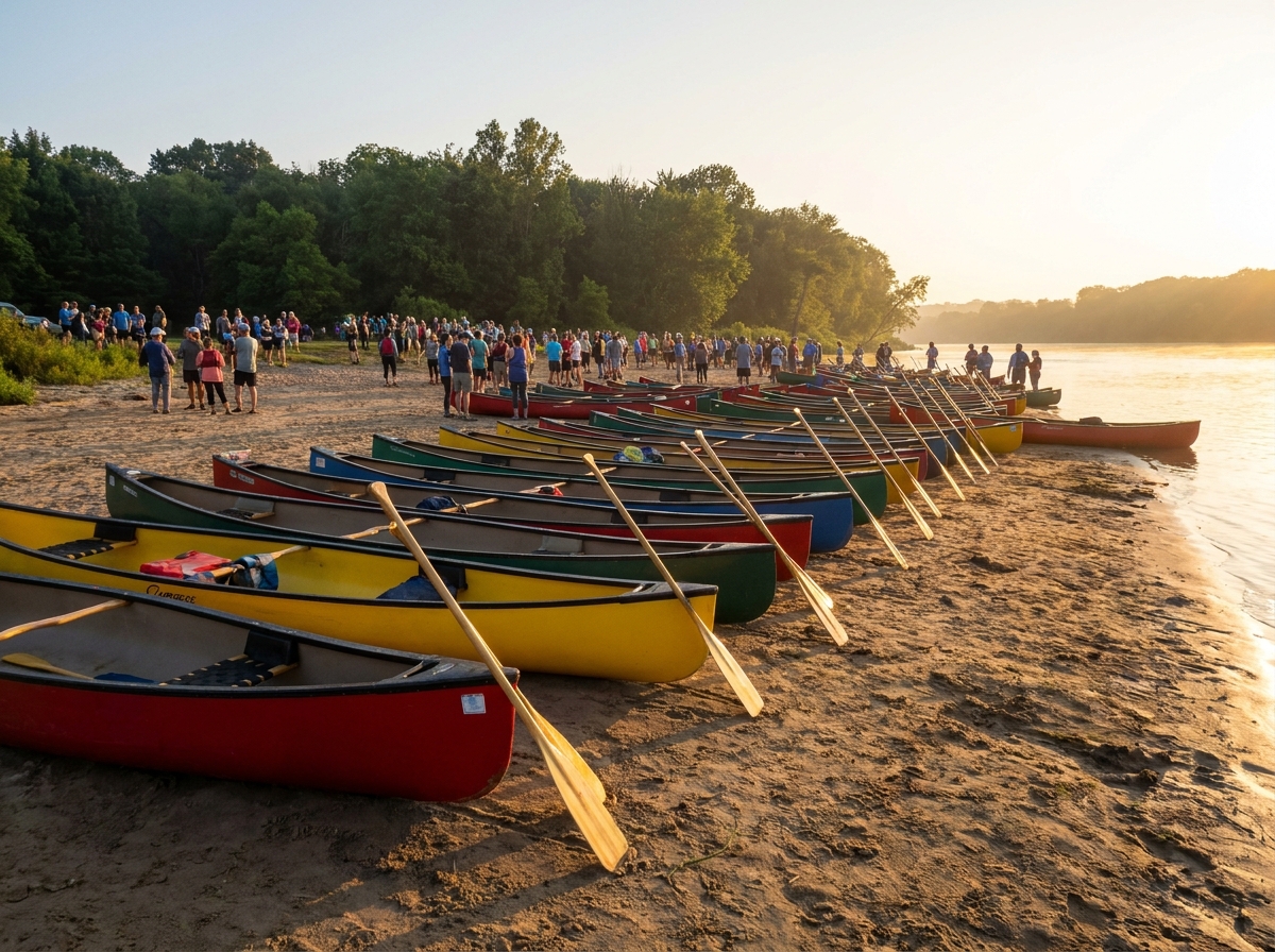 Canoes and paddles lined up on a beach, prepared for canoeing registration and check-in.