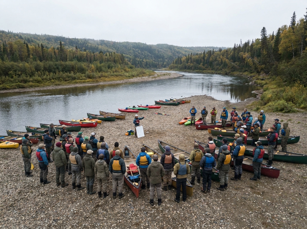 A guide giving instructions to a group at a canoeing event.
