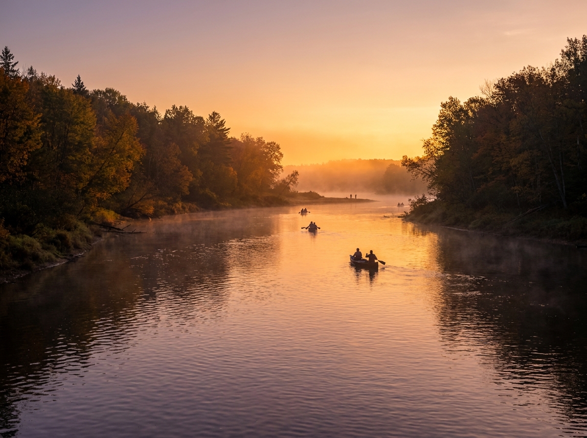 Silhouettes of canoers paddling at sunset during an organized event.