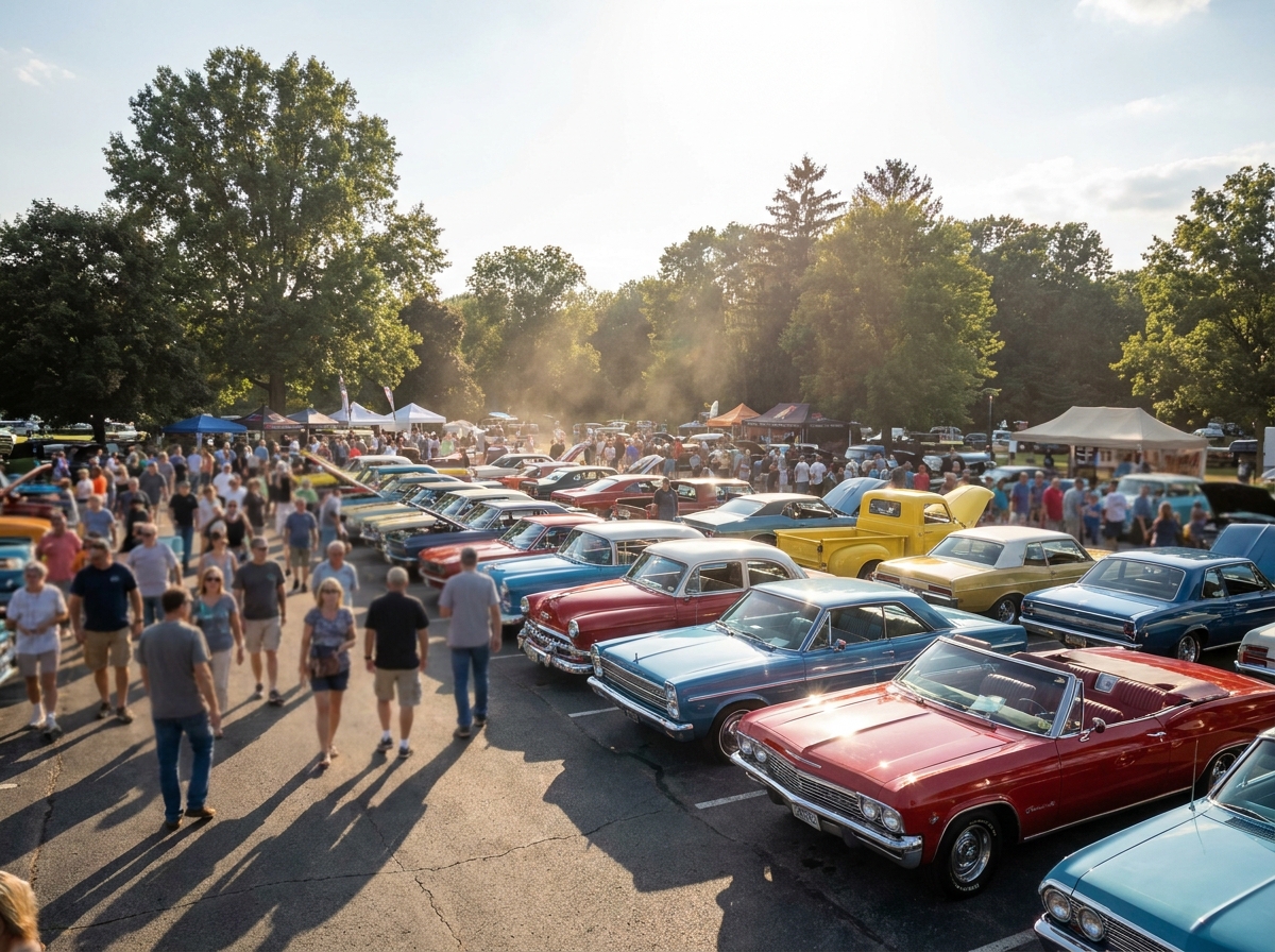 A crowd of attendees admiring a line of vintage cars at an auto show.