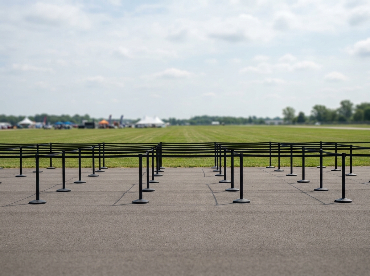 An organized, multi-lane entrance gate at a large car show venue.