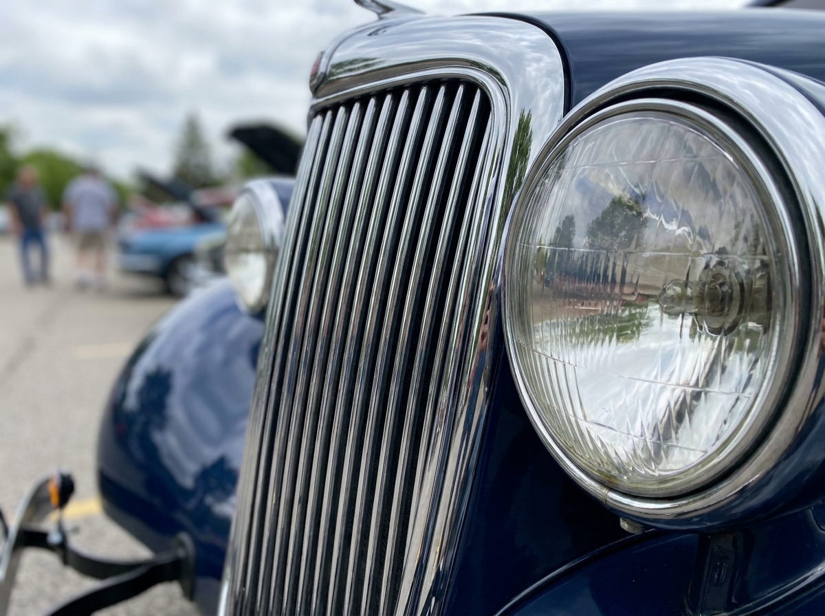 A close-up detail shot of a classic car's chrome headlight and grille.