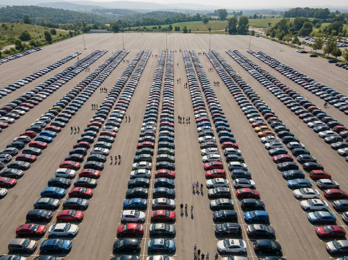 An aerial view of a large-scale car show in a parking lot.