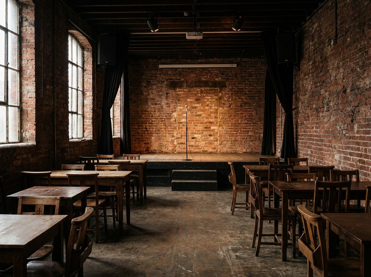 An intimate and empty music venue in Cardiff, ready for a live show.